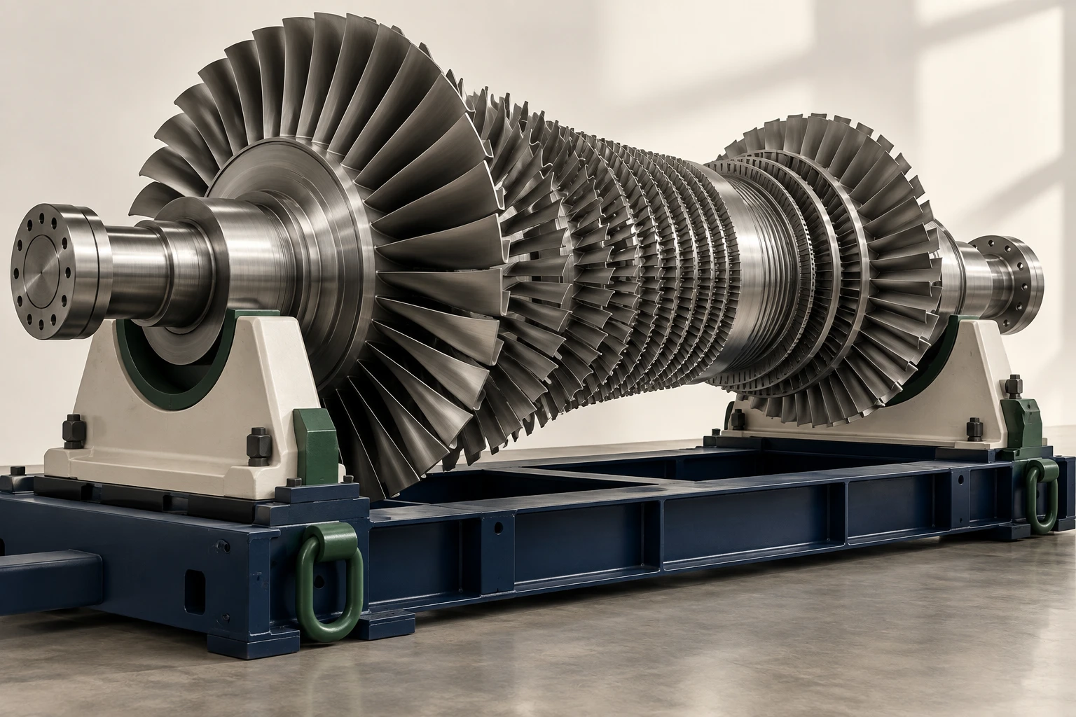 Editorial still life of a turbine rotor resting in fitted transport cradles