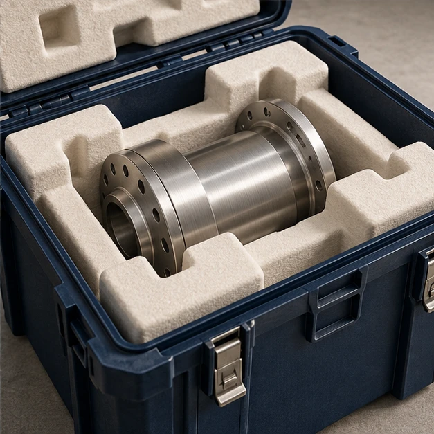 Metal component secured in a fitted transport case