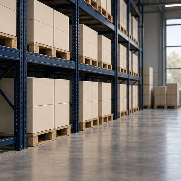 Freight stored on warehouse shelving