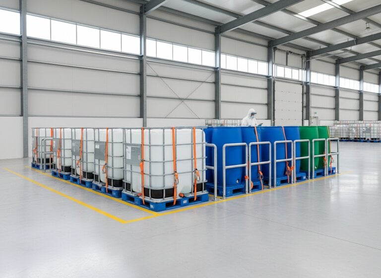 Intermediate bulk containers and drums in a segregated warehouse bay.