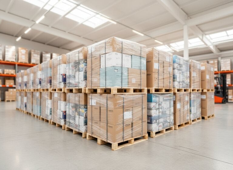 Palletised cartons wrapped in clear film inside a warehouse.