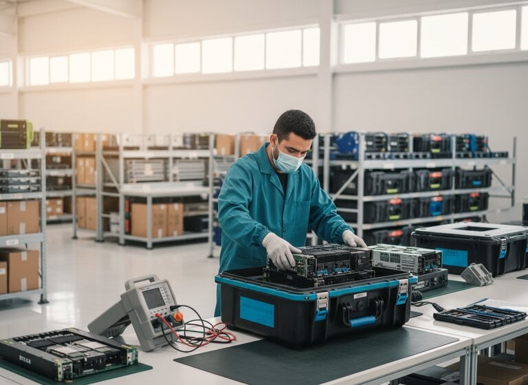 Technician inspecting electronic equipment beside protective transport cases.