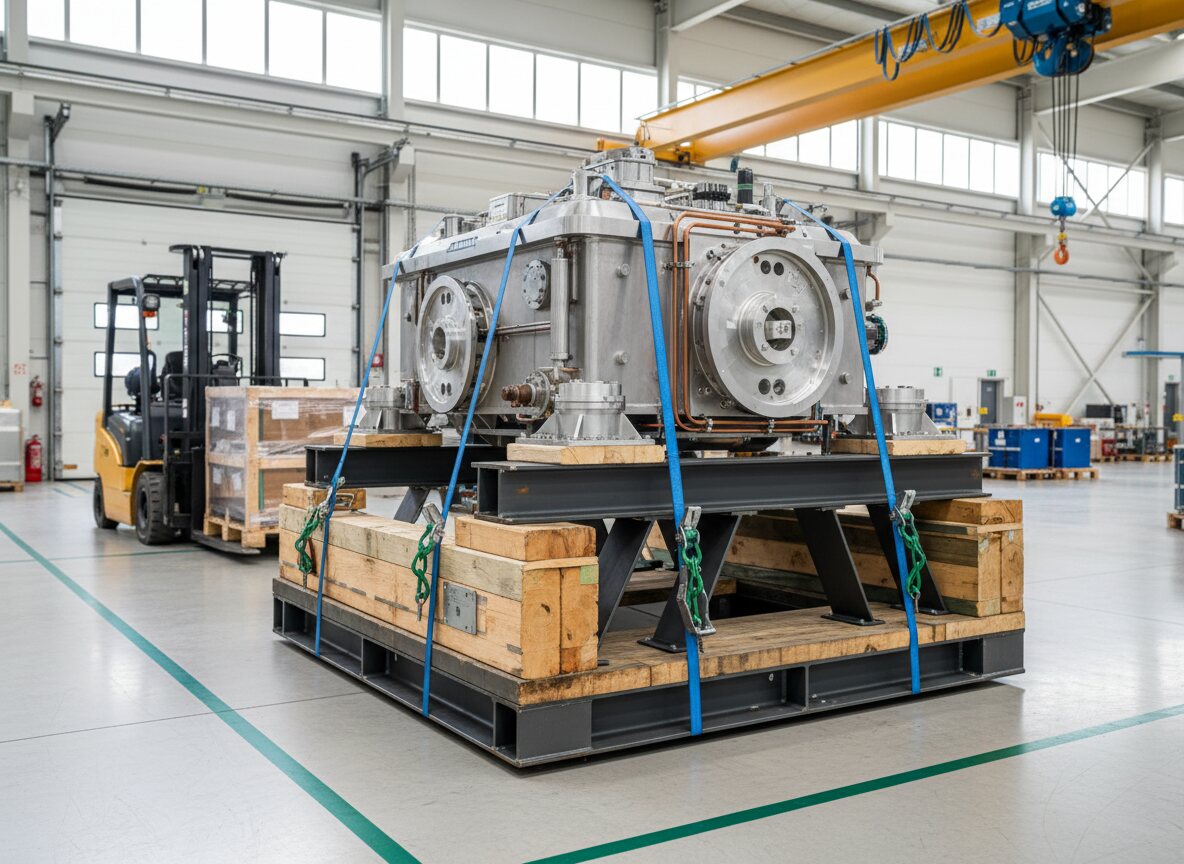 Industrial machine secured with tie-down straps on a timber transport base.