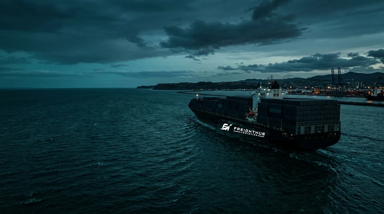 Container ship carrying freight near a port