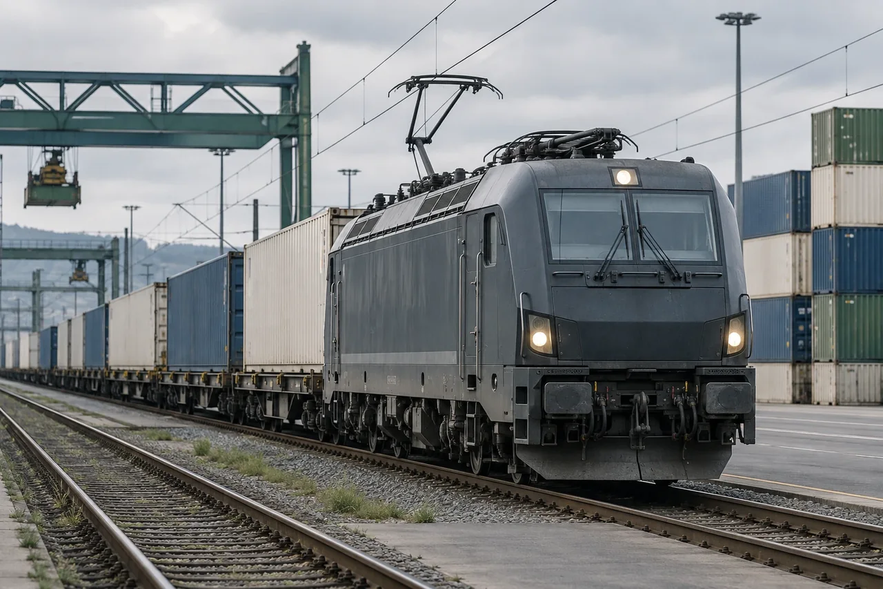 Freight locomotive hauling intermodal containers