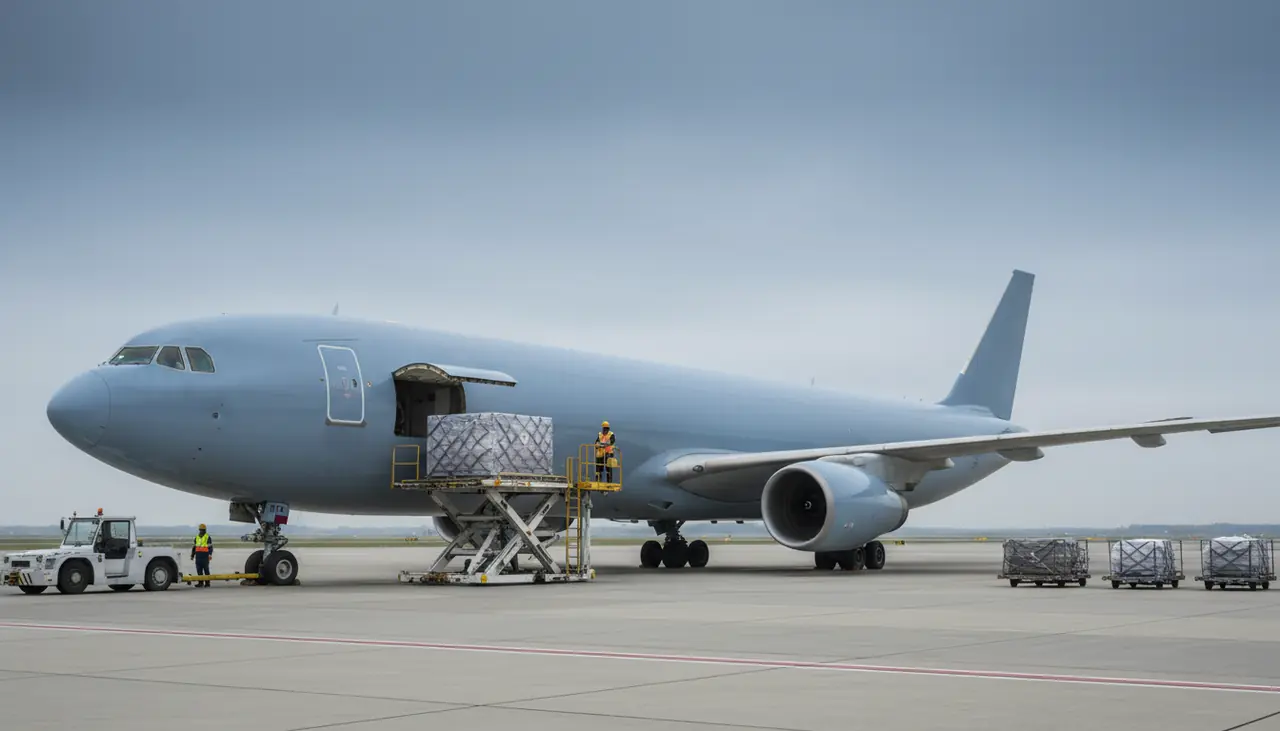 Cargo aircraft aligned with a high-loader at an airport apron.