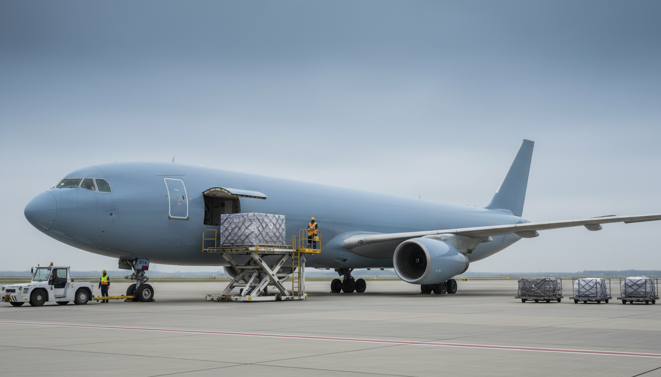 Cargo aircraft aligned with a high-loader at an airport apron.