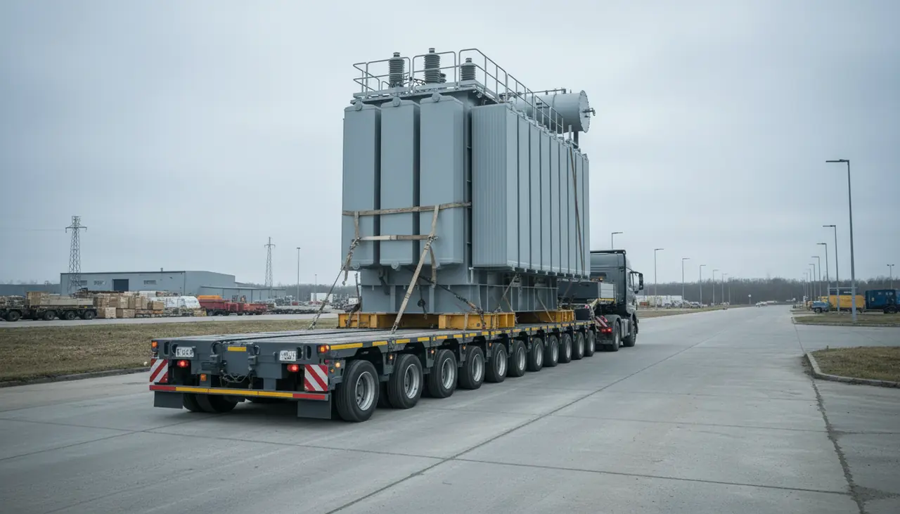 Transformer secured on a multi-axle heavy-haul trailer.