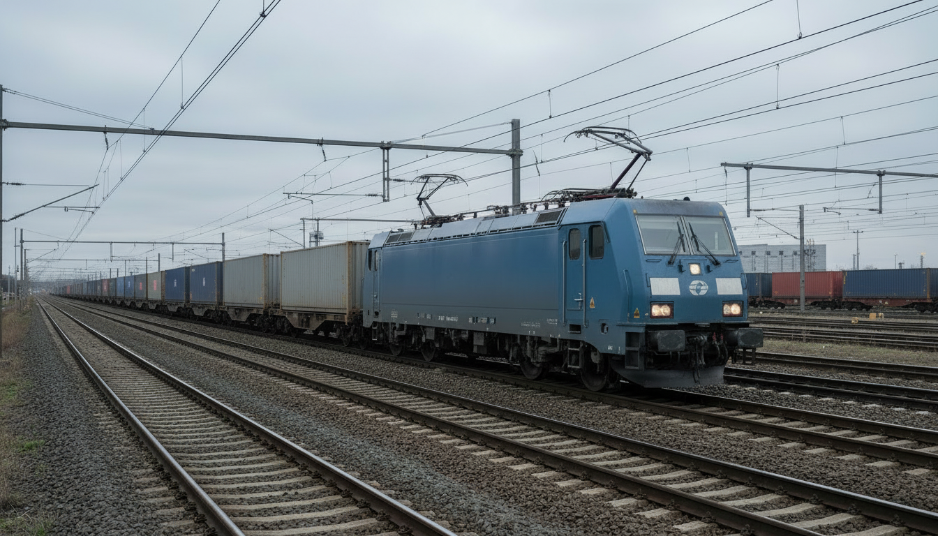 Intermodal freight train travelling through a rail corridor.