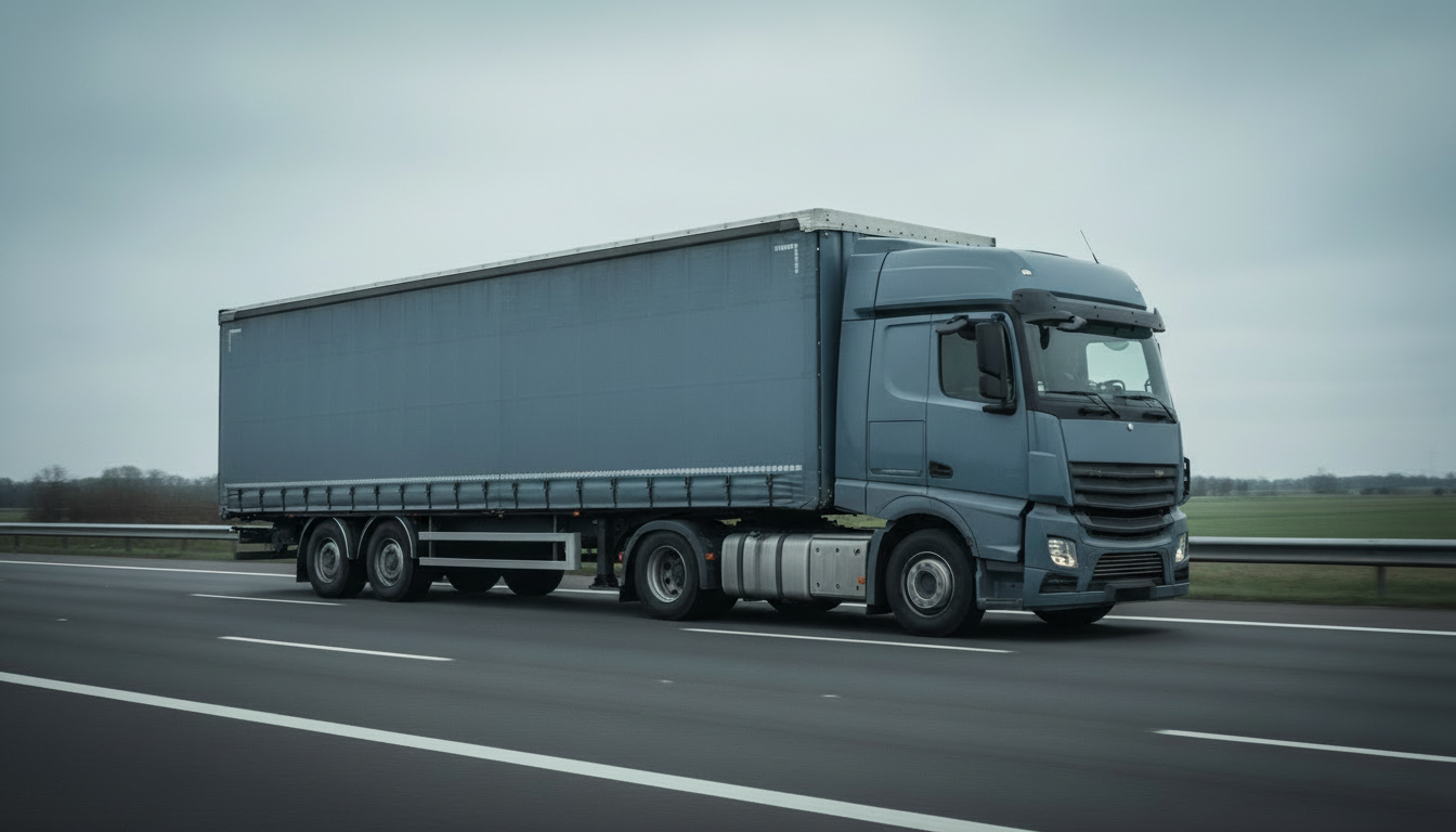 Unbranded freight truck travelling on a highway.