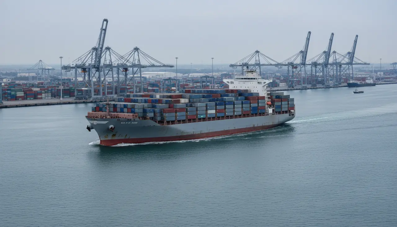 Container ship moving through a port approach channel.
