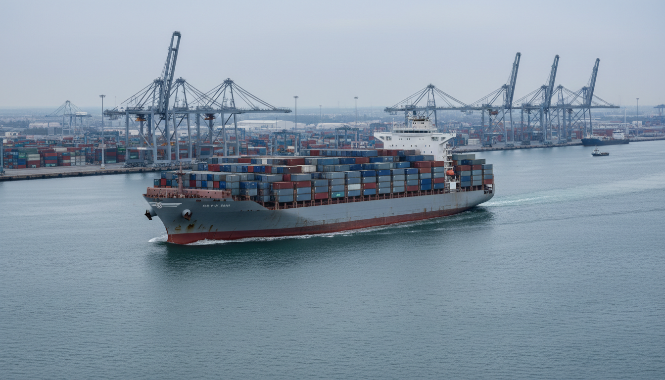Container ship moving through a port approach channel.