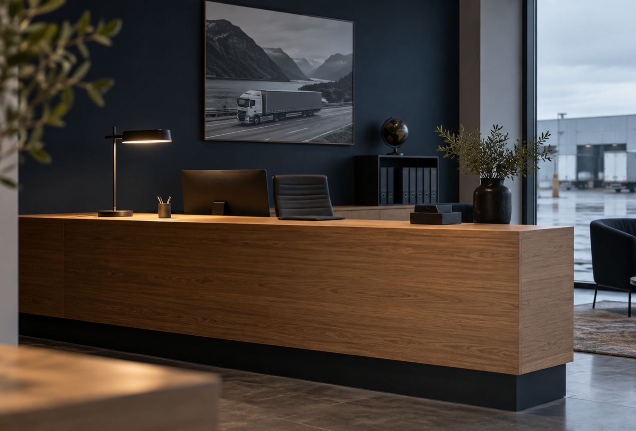 Illustrative logistics office reception with loading bays beyond the window